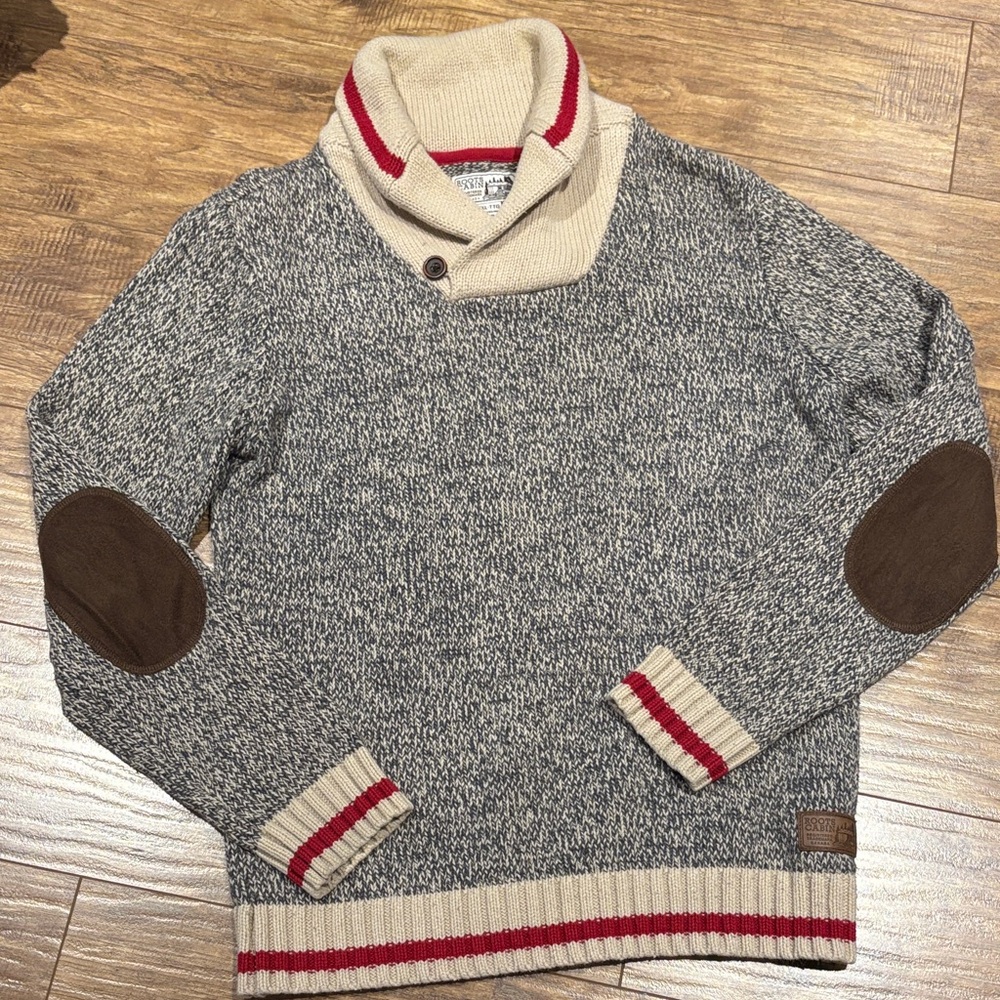 Roots cabin collared Gray and Cream Sweater with Accents kids size XXL